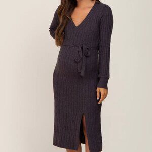 Charcoal Brushed Cable Knit Maternity Sweater Dress, Size L, Charcoal Gray